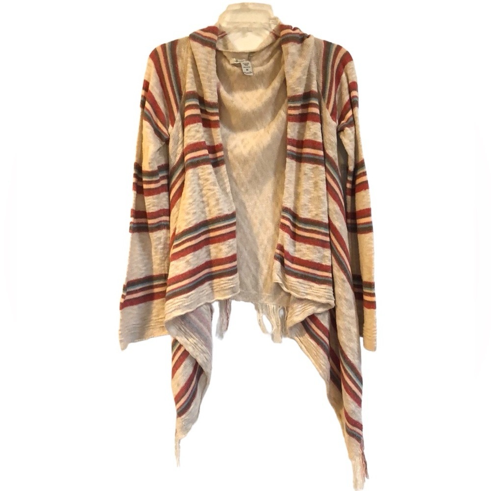 AMERICAN RAG OPEN FRONT FRINGED KNIT STRIPED CARDIGAN MULTICOLORED SIZE MEDIUM